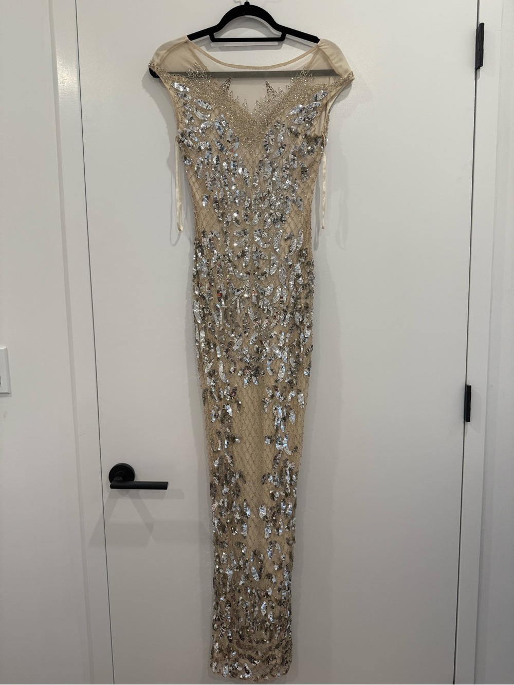 Elegant Beaded Nude Evening Gown with Silver Sequin Detail